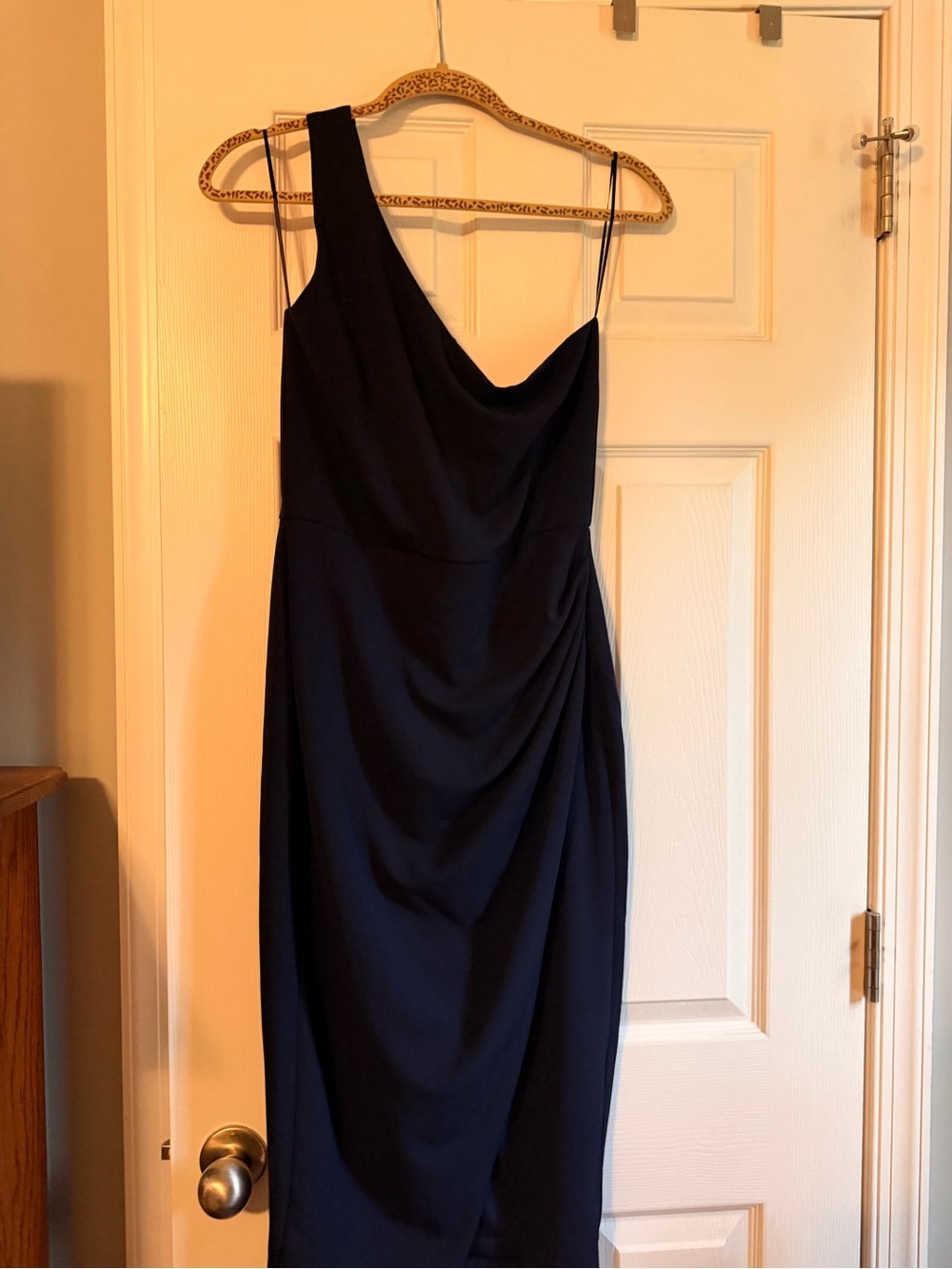 Kittenish One-Shoulder Navy Draped Midi Dress